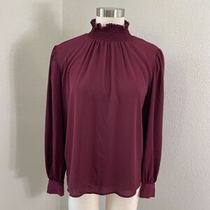 Ann Taylor Womens Small Burgundy Smocked Mock Neck Long Sleeve Blouse Shirt